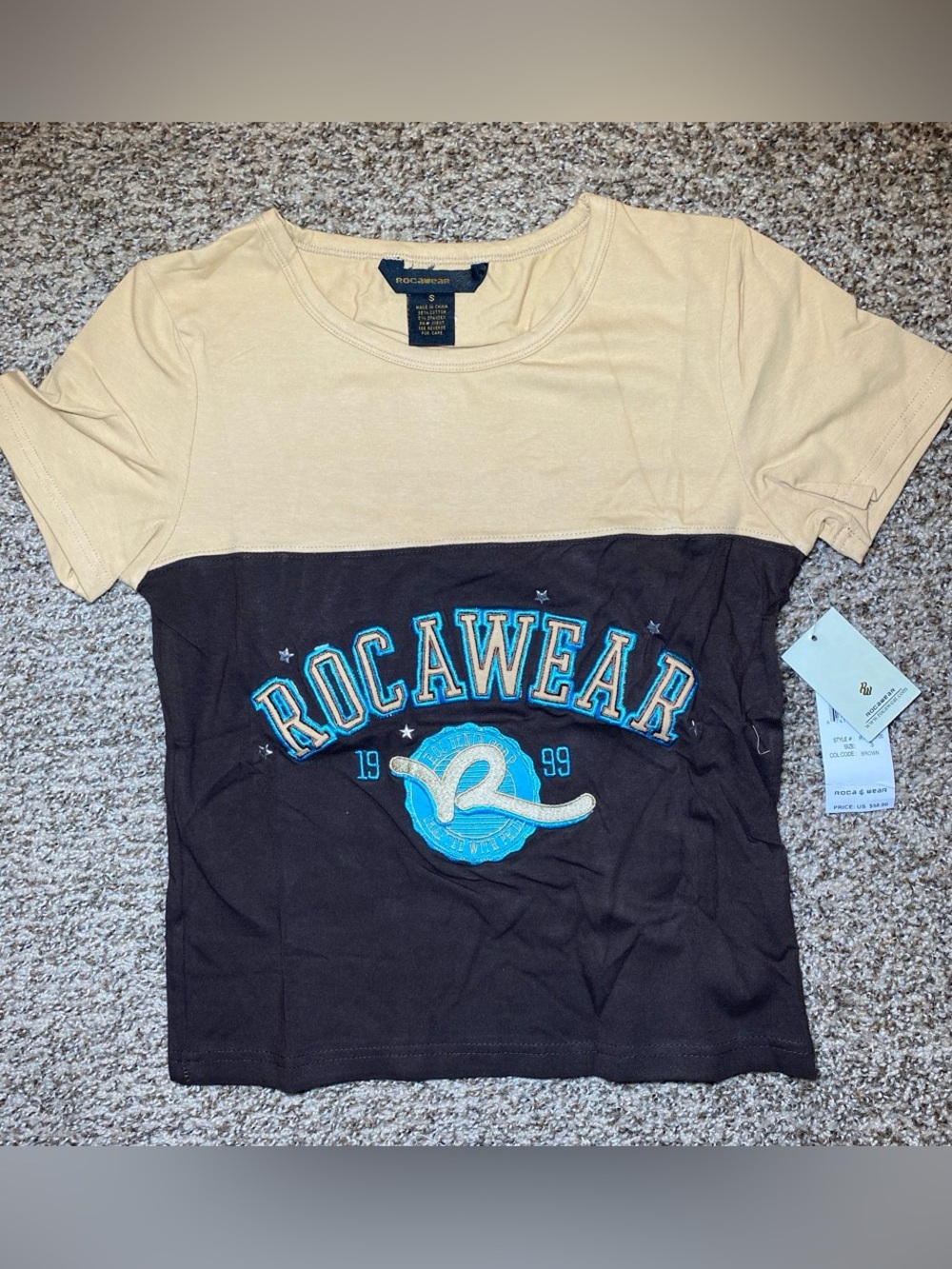 Rocawear Navy and Beige Logo Crewneck Tee